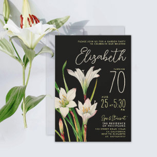 スタイリッシュで上品な黒と白のユリの花の70歳の誕生日フラワー 招待状