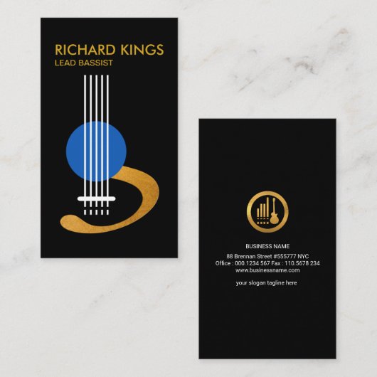 スタイリッシュで創造的な金ゴールドのベースギターのミュージシャン 名刺 (正面/裏面)