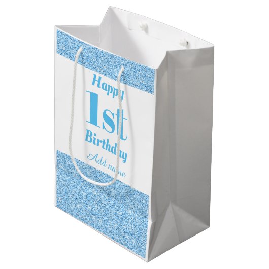 スタイリッシュで名前入りな第1誕生日のギフトバッグ ミディアムペーパーバッグ (正面アングル)