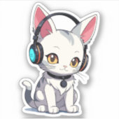 スタイリッシュで愛らしいヘッドフォンを付けた猫 シール (正面)