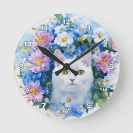 スタイリッシュで明るいカラフルな花柄の猫 ラウンド壁時計