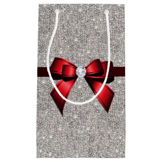 スタイリッシュで派手なスパンコールの弓及びリボン スモールペーパーバッグ (正面)