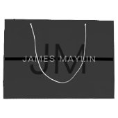 スタイリッシュで男性的なダークグレーの名前とイニシャル ラージペーパーバッグ (裏面)