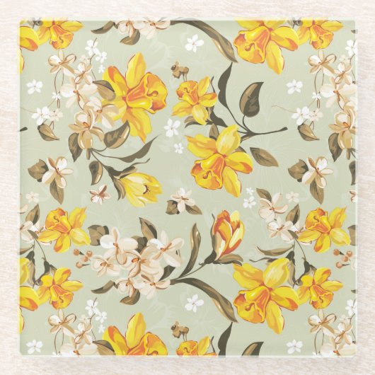 スタイリッシュで美しく明るい花パターン ガラスコースター (正面)