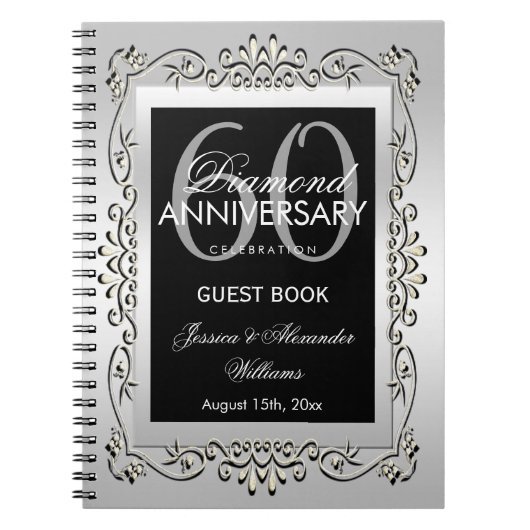 スタイリッシュで装飾的な銀第60の結婚記念日 ノートブック (正面)