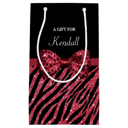 スタイリッシュで赤いシマウマのプリントの名前のフェイクな輝きの弓 スモールペーパーバッグ (正面)