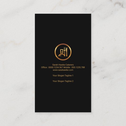 スタイリッシュで黒いタキシードの金ゴールドのBoutonniereのケータリング 名刺 (裏面)