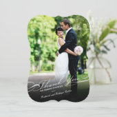 スタイリッシュで、エレガントな原稿の写真のシンプルな結婚式 サンキューカード (スタンド正面)