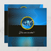 スタイリッシュなウェーブのモノグラム、青いサファイア 招待状 (正面/裏面)