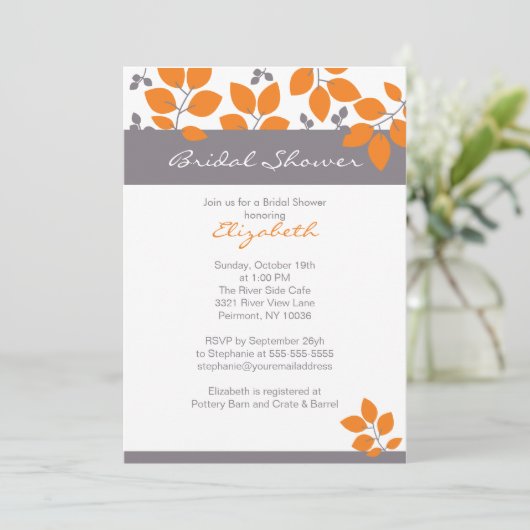 スタイリッシュなオレンジ葉の秋のブライダルシャワーの招待 招待状 (スタンド正面)