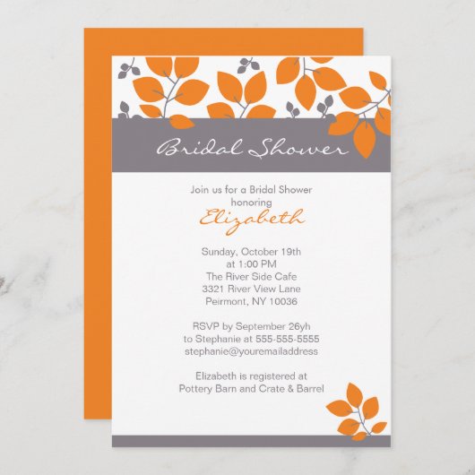 スタイリッシュなオレンジ葉の秋のブライダルシャワーの招待 招待状 (正面/裏面)