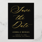 スタイリッシュなカリグラフィー写真＆QRコードのゴールドウェディング 箔招待状 (正面)