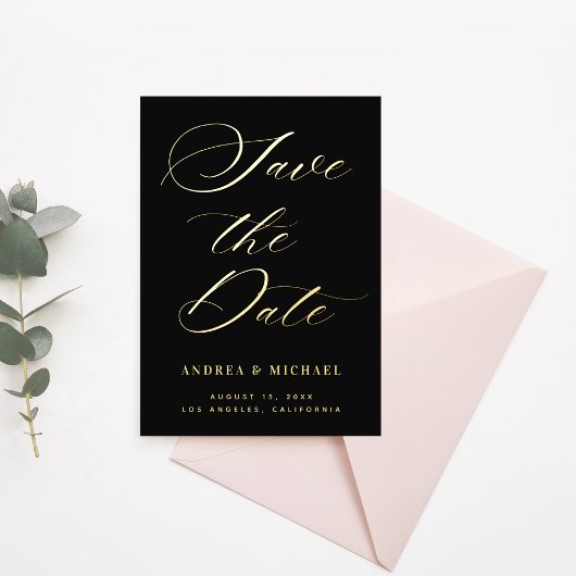 スタイリッシュなカリグラフィー写真＆QRコードのゴールドウェディング 箔招待状