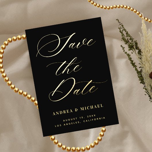 スタイリッシュなカリグラフィー写真＆QRコードのゴールドウェディング 箔招待状