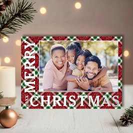 スタイリッシュなクリスマスのチェック柄のシルバー写真 箔シーズンカード