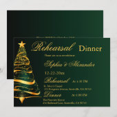 スタイリッシュなゴールドのクリスマスツリーの結婚式のリハーサル 招待状 (正面/裏面)