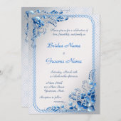 スタイリッシュなシルバーに合わせたネイビーブルーの結婚式招待状 招待状 (正面/裏面)