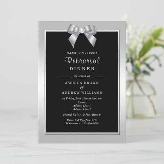 スタイリッシュなシルバージュエルボーとブラックウェディング 招待状 (スタンド正面)