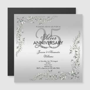 スタイリッシュなシルバー装飾 25周年結婚記念日 マグネット招待状