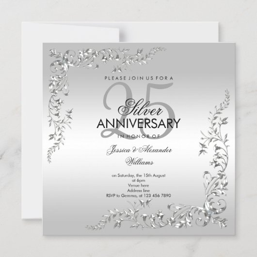 スタイリッシュなシルバー装飾 25周年結婚記念日 マグネット招待状 (正面)
