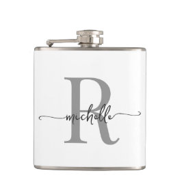 スタイリッシュなスクリプト 現代の白 灰色 モノグラム 名前 フラスク