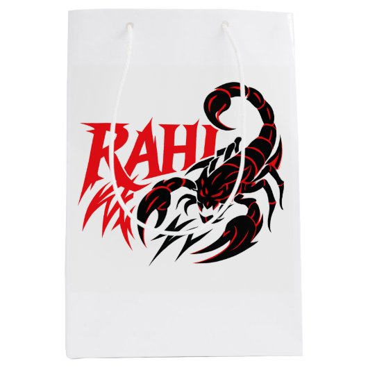 スタイリッシュなスコーピオンのデザインが施された白いショッピングバッグ ミディアムペーパーバッグ (正面)