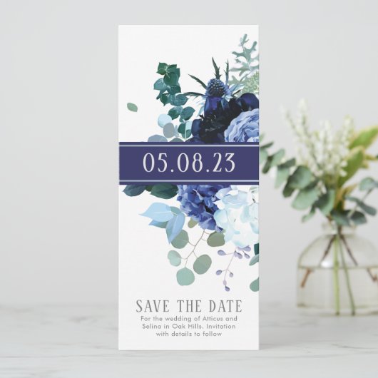 スタイリッシュなソフトインディゴとウェディングセーブザデート 招待状 (スタンド正面)