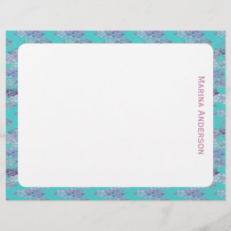 スタイリッシュなターコイズの花柄ボーダー 名前入り レターヘッド