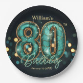 スタイリッシュなターコイズブルーとゴールドの80歳の誕生日 ペーパープレート (正面)