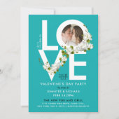 スタイリッシュなターコイズラブ バレンタインデー フォト フラワーリング 招待状 (正面)