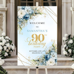 スタイリッシュなダスティブルーのユーカリゴールド90歳の誕生日   ポスター