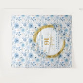 スタイリッシュなダスティーブルーのスイート16 ゴールドグリッター パーティー タペストリー (正面(横))