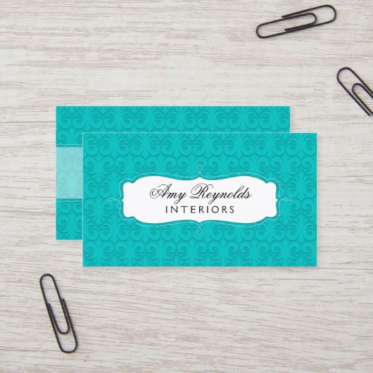 スタイリッシュなダマスク織のターコイズ 名刺 (正面/裏面インサイチュ)