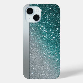 スタイリッシュなティール+シルバー スパークル グリッター オーダーメイド N iPhone 15ケース