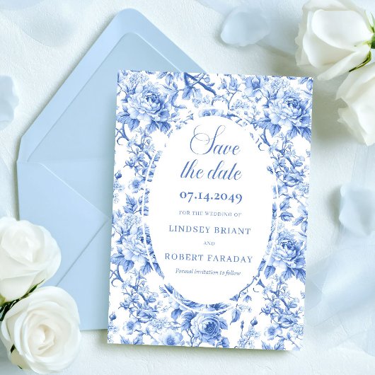 スタイリッシュなディープブルーの花柄の結婚式の「Save the Date」お知らせカード 案内状