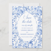 スタイリッシュなディープブルーの花柄の結婚式の「Save the Date」お知らせカード 案内状 (正面)
