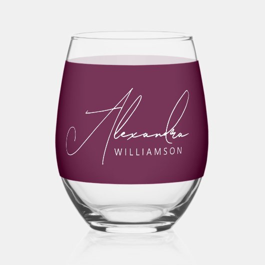 スタイリッシュなバーガンディーと白のモダンカリグラフィー名 ステムなしワイングラス (正面)