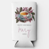 スタイリッシュなバーガンディ ティーパーティー フローラル ウォーターカラー ネーム スリム缶クーラー (正面)