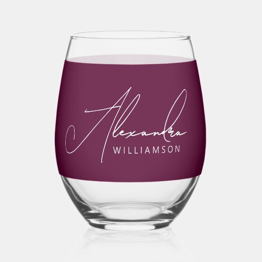 スタイリッシュなバーガンディ ホワイト モダン カリグラフィー ネーム ステムなしワイングラス (正面)