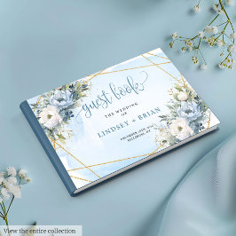 スタイリッシュなパステルブルーホワイトゴールドの芍薬ゲストブック ゲストブック