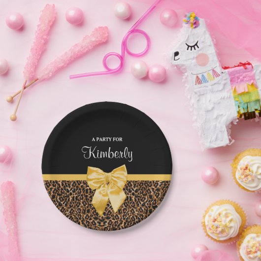 スタイリッシュなヒョウのプリントのエレガントで黄色い弓および名前 ペーパープレート (パーティー)