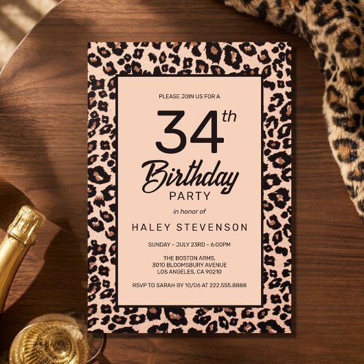 スタイリッシュなヒョウ柄のトレンディな34歳の誕生日 招待状