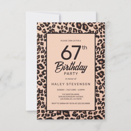 スタイリッシュなヒョウ柄のトレンディな67歳の誕生日 招待状 (正面)