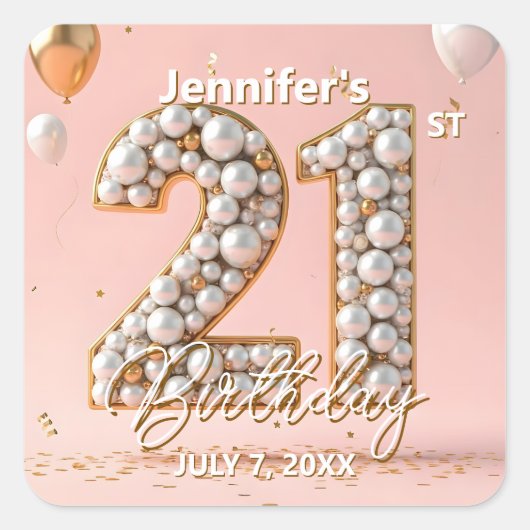 スタイリッシュなピンクとゴールドのパール21歳の誕生日 スクエアシール (正面)