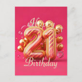 スタイリッシュなピンクとゴールドの21歳の誕生日パーティー ポストカード (正面)