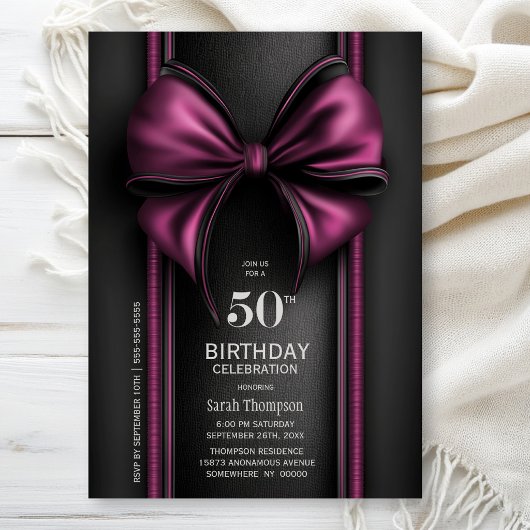 スタイリッシュなピンクのリボンの50歳の誕生日パーティー 招待状