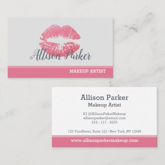 スタイリッシュなピンクの唇きらめくメイクアップアーティスト 名刺 (正面/裏面)