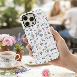 スタイリッシュなピンクの花と青い蝶のエレガントなデザイン iPhone 16 PRO MAXケース