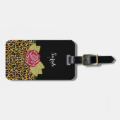 スタイリッシュなブラウンの金ゴールドのヒョウのプリントの赤いバラおよび名前 ラゲッジタグ (正面横)