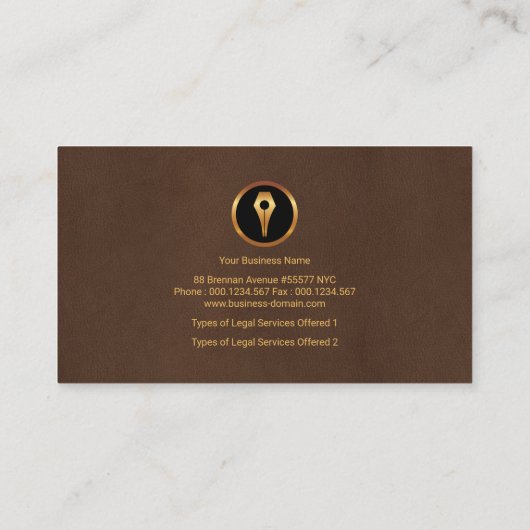 スタイリッシュなブラウンの革金ゴールドの正義は弁護士をはかりで測ました 名刺 (裏面)
